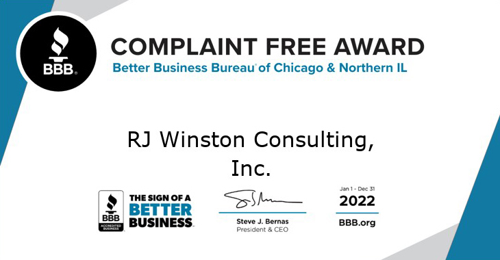 RJ Winston Consulting 2022a Better Business Bureau Complaint Free Award