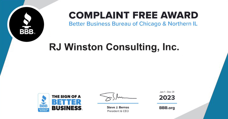 RJ Winston Consulting 2023 Better Business Bureau Complaint Free Award